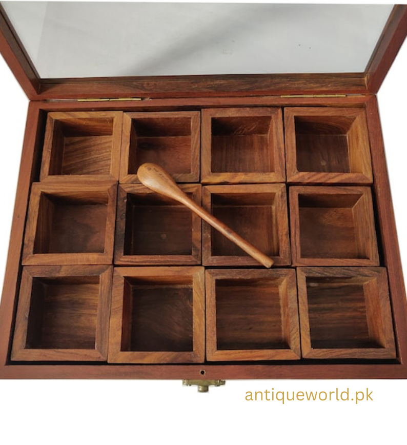 Sheesham Wood Spice Box ( 12  Compartments & A Spoon)