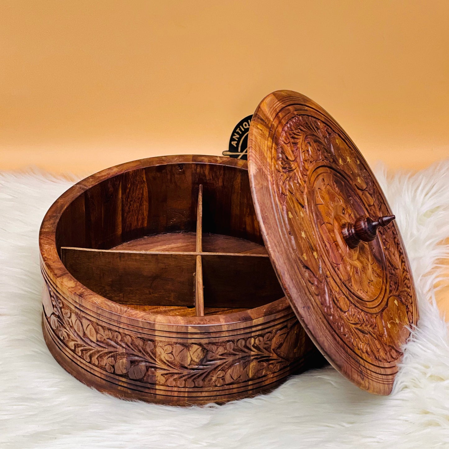 Wooden Carved Hotpot & Dry Fruit Box ( 2 in 1)