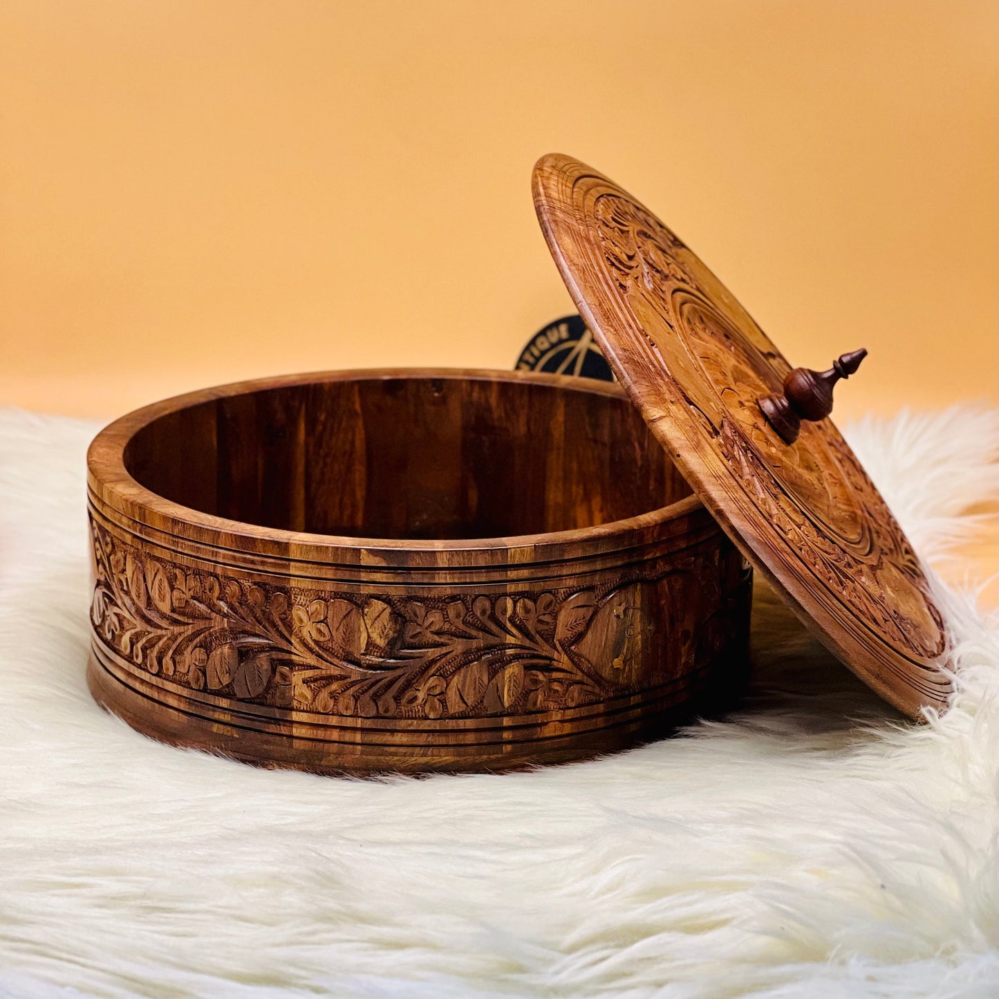 Wooden Carved Hotpot & Dry Fruit Box ( 2 in 1)