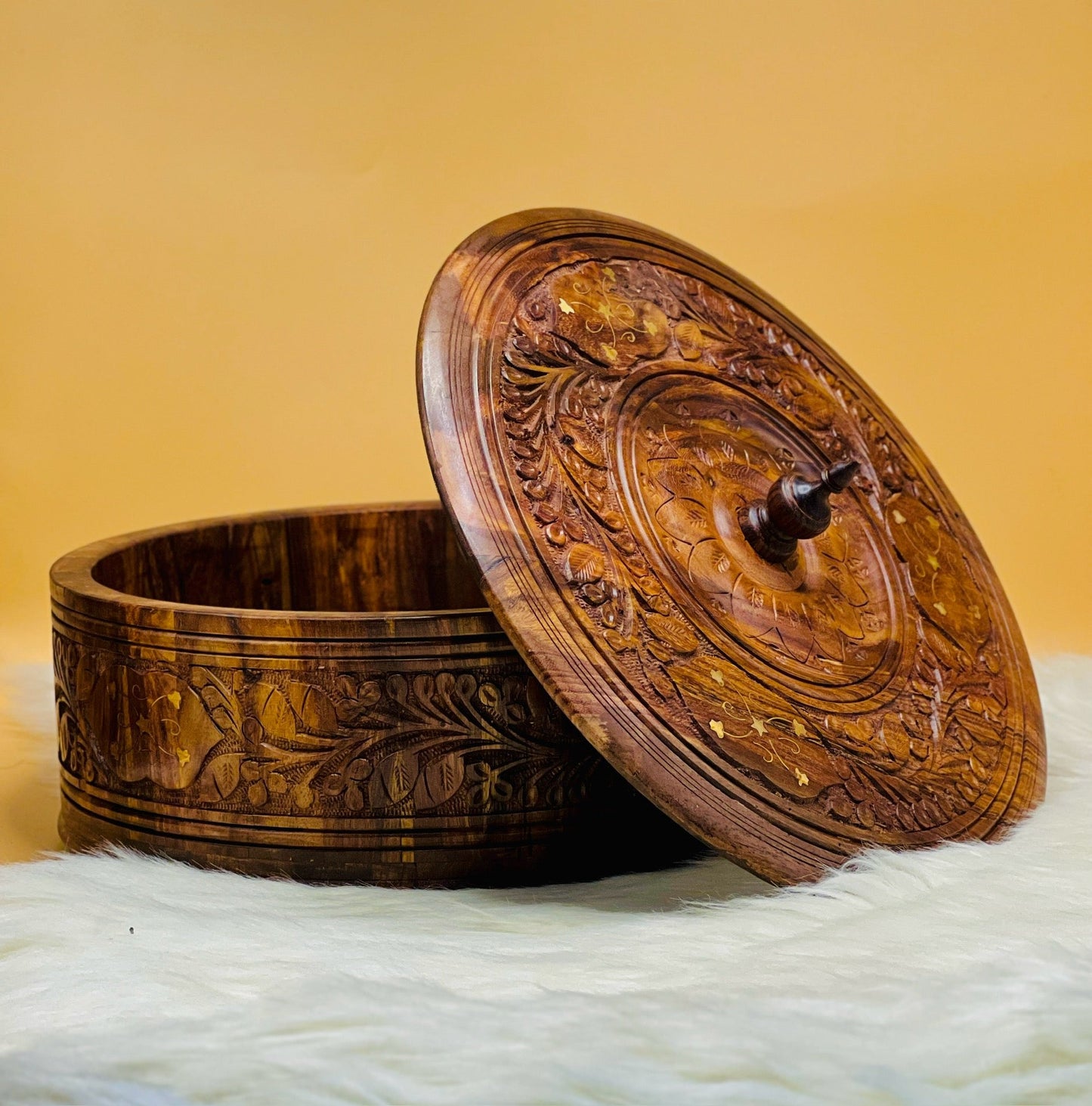 Wooden Carved Hotpot & Dry Fruit Box ( 2 in 1)